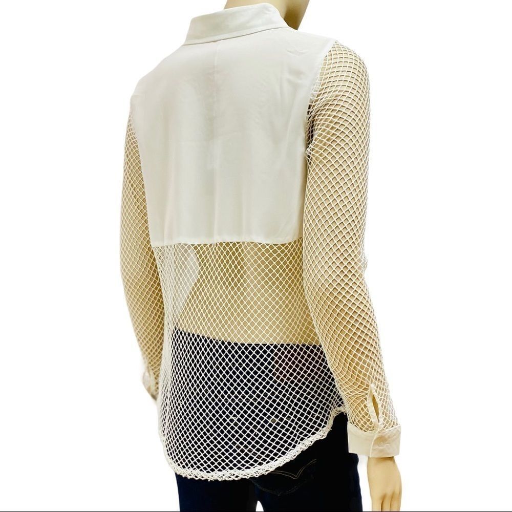 White Button Down Sheer Long Sleeve Back Panel Hollow Out Shirt NEW
